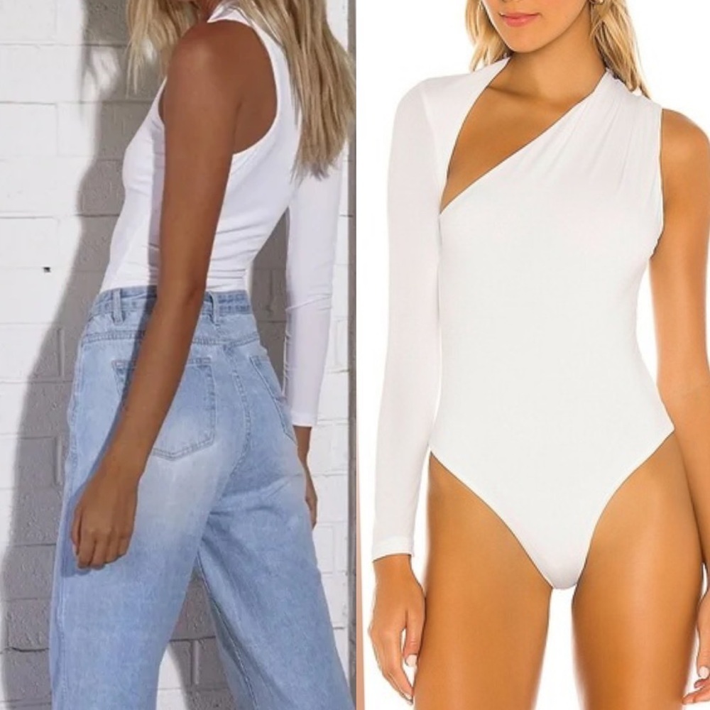 SNDYS. Dany Bodysuit One-Shoulder in white cutout long sleeve size US 4